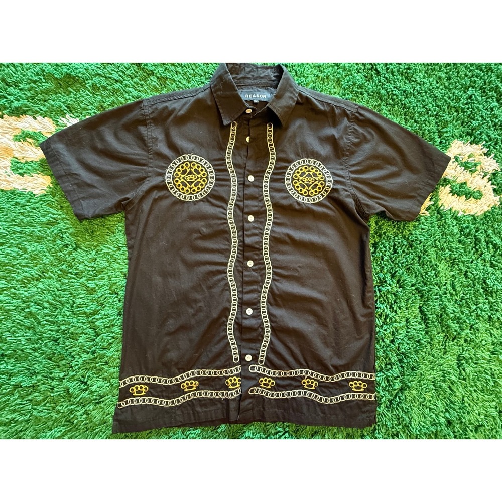 Reason Button Down Shirt Mens L Black Excellent Brass Knuckles Embroidered Chain